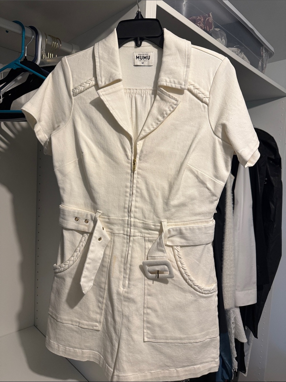 Women's Cream Short-Sleeve Utility Jacket with Belt